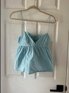 BCBGeneration Light Blue Cotton Spaghetti Strap Babydoll Peplum Cami Top